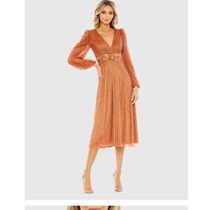 MAC DUGGAL Hand Embellished V Neck Puff Sleeve A Line Dres  #5593 cognac 14 nwt